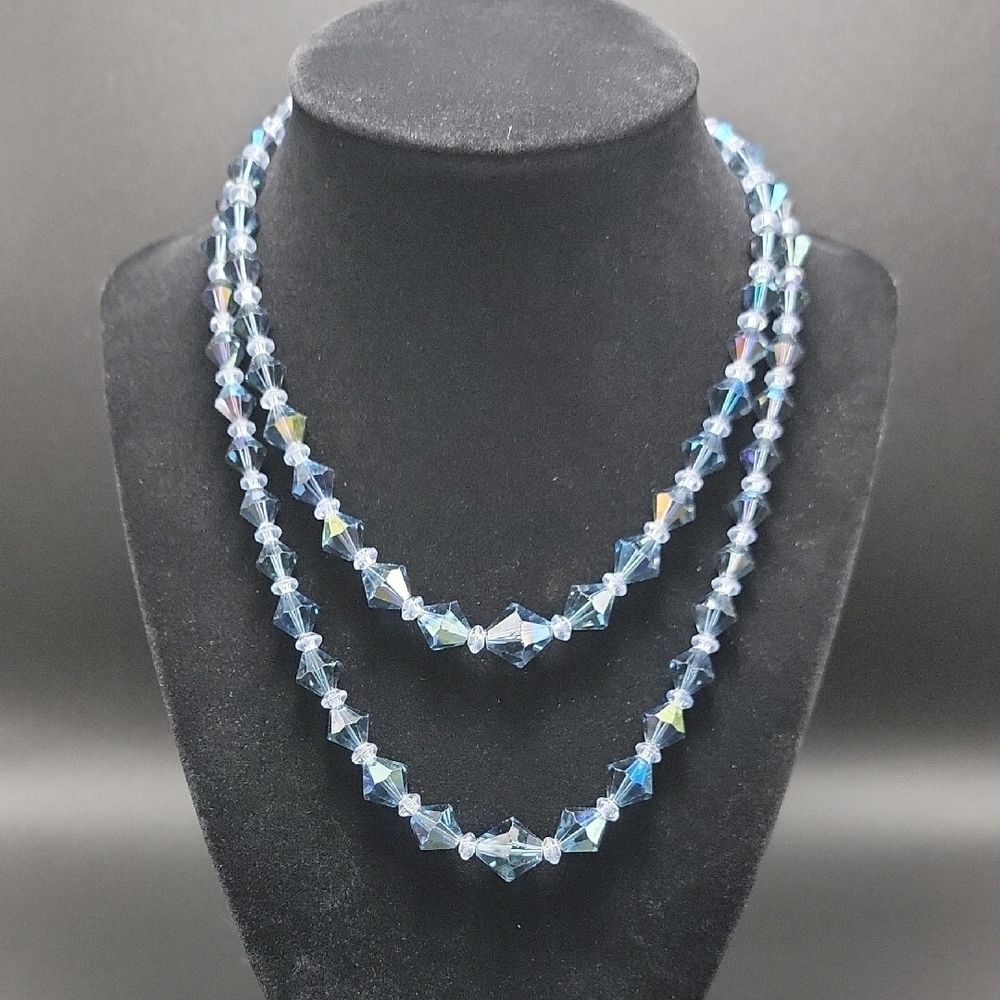 Elegant VTG 2 Strand Blue Faceted Crystal Necklace With Extender